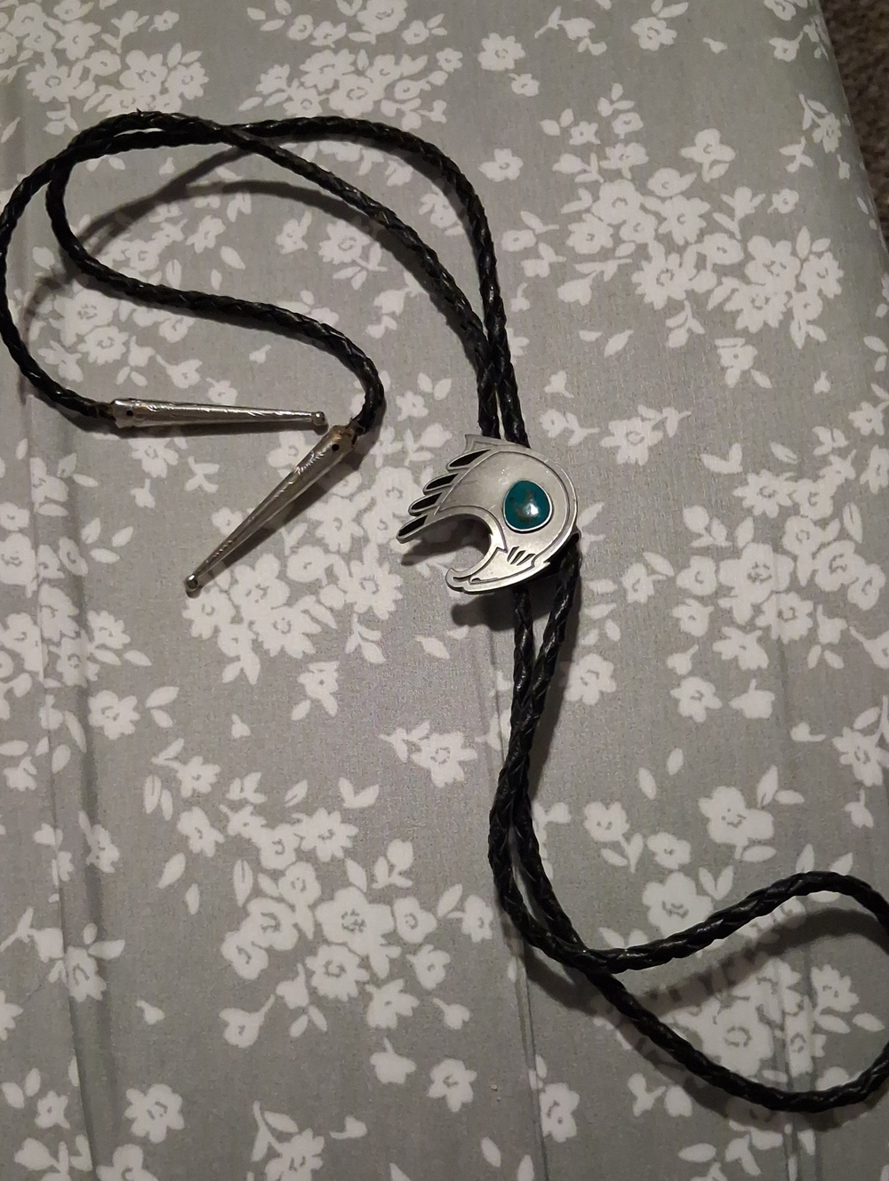 Turquoise Accent Silver Western-Style Bolo Tie with Black Braided Cord